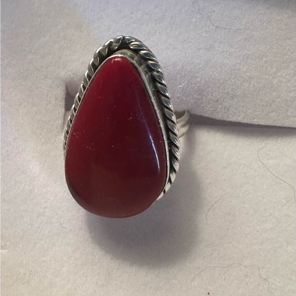 Elegant Red Teardrop Silver Ring